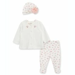 Brand new 🥰 Little Me Litte Me™ 3-Piece Blossoms Cardigan, Pant And Cap Set In Ivory/Pink 🤩