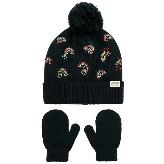 Best Sale ๐งจ Little Me™ Size 2T-4T Rainbow Embroidery Knit Cuff Hat And Mitten Set In Navy ๐ฅ