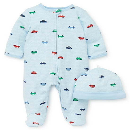 Hot Sale โญ Little Me® 2-Piece Colorful Cars Footie And Hat Set In Blue ๐