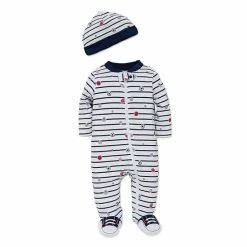 Hot Sale 😉 Little Me® 2-Piece Striped Sports Star Footie And Hat Set In White 😍