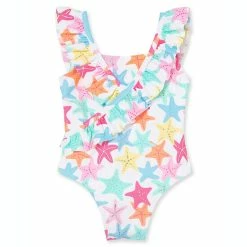 Best Sale ✔️ Little Me® Starfish Ruffled 🩱 Swimsuit In White/Multi 🤩