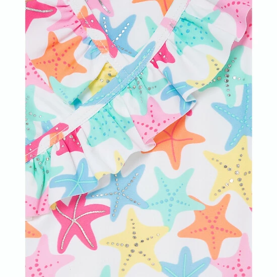 Best Sale ✔️ Little Me® Starfish Ruffled 🩱 Swimsuit In White/Multi 🤩 - Image 3