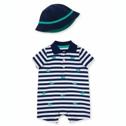 Wholesale 😀 Little Me® 2-Piece Whale Short Sleeve Romper And Hat Set In Navy ✔️